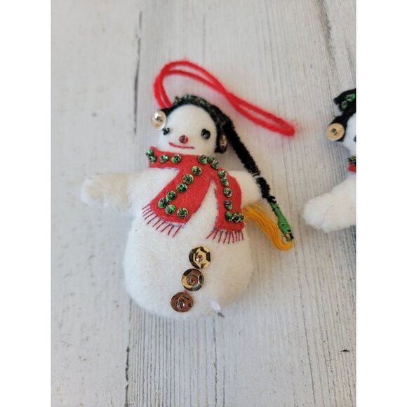 Embroidered felt Frosty Snowman broom top hat ornament Xmas set - Picture 2 of 8